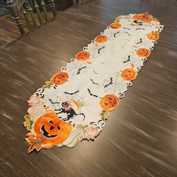 Halloween Table Runner Black Cat Pumpkin Bats Spider Web Embroidered Decor - Picture 2 of 9
